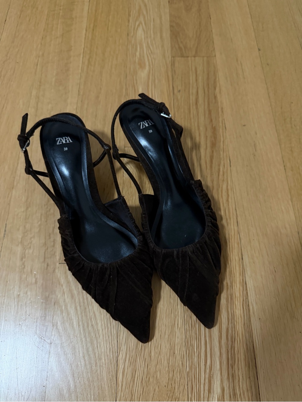 Zara Brown Velvet Pointed-Toe Slingback Heels